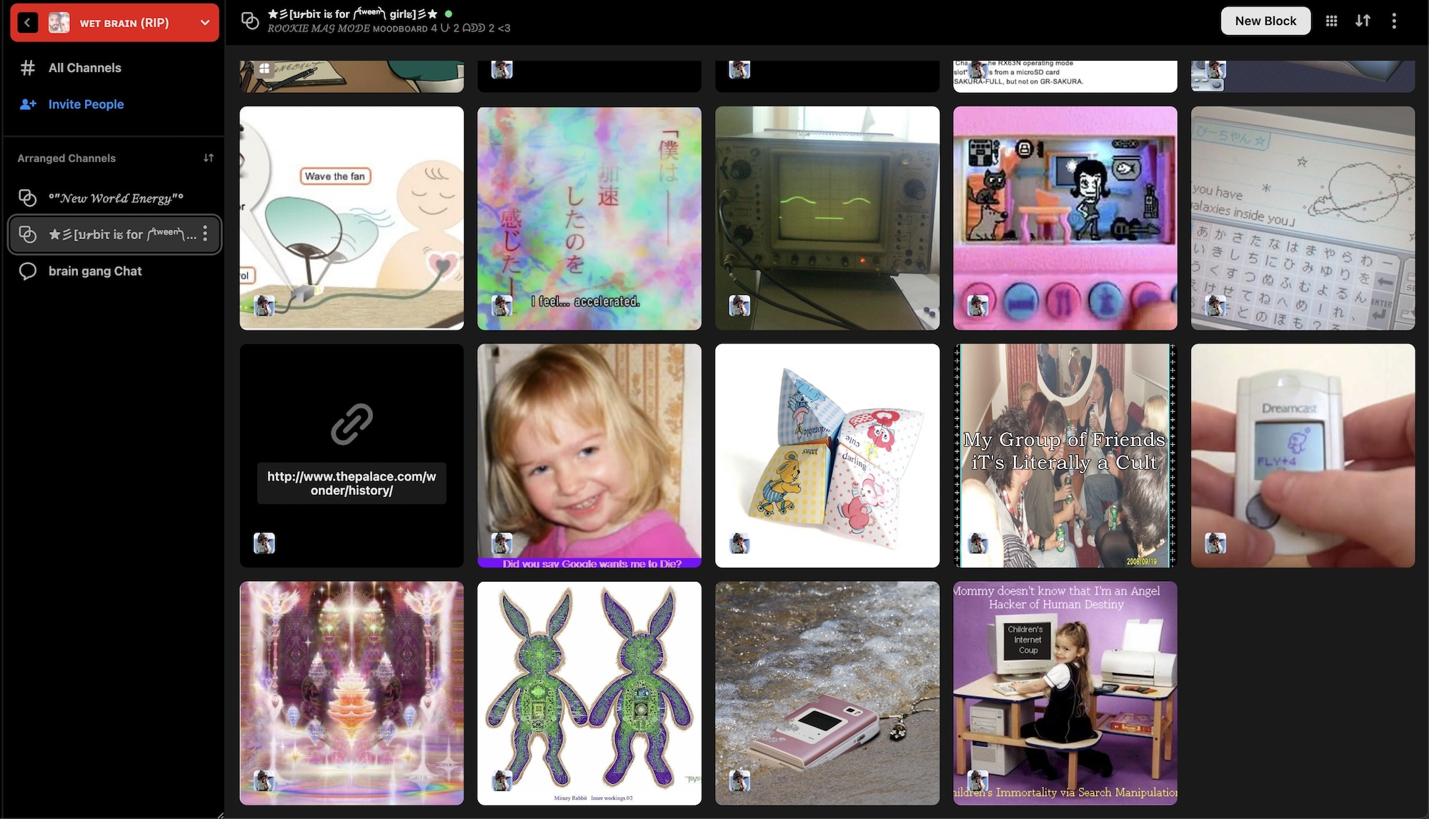 a screenshot of a modular photo-sharing platform with a dark background and images of pink, feminine-coded, y2k graphics