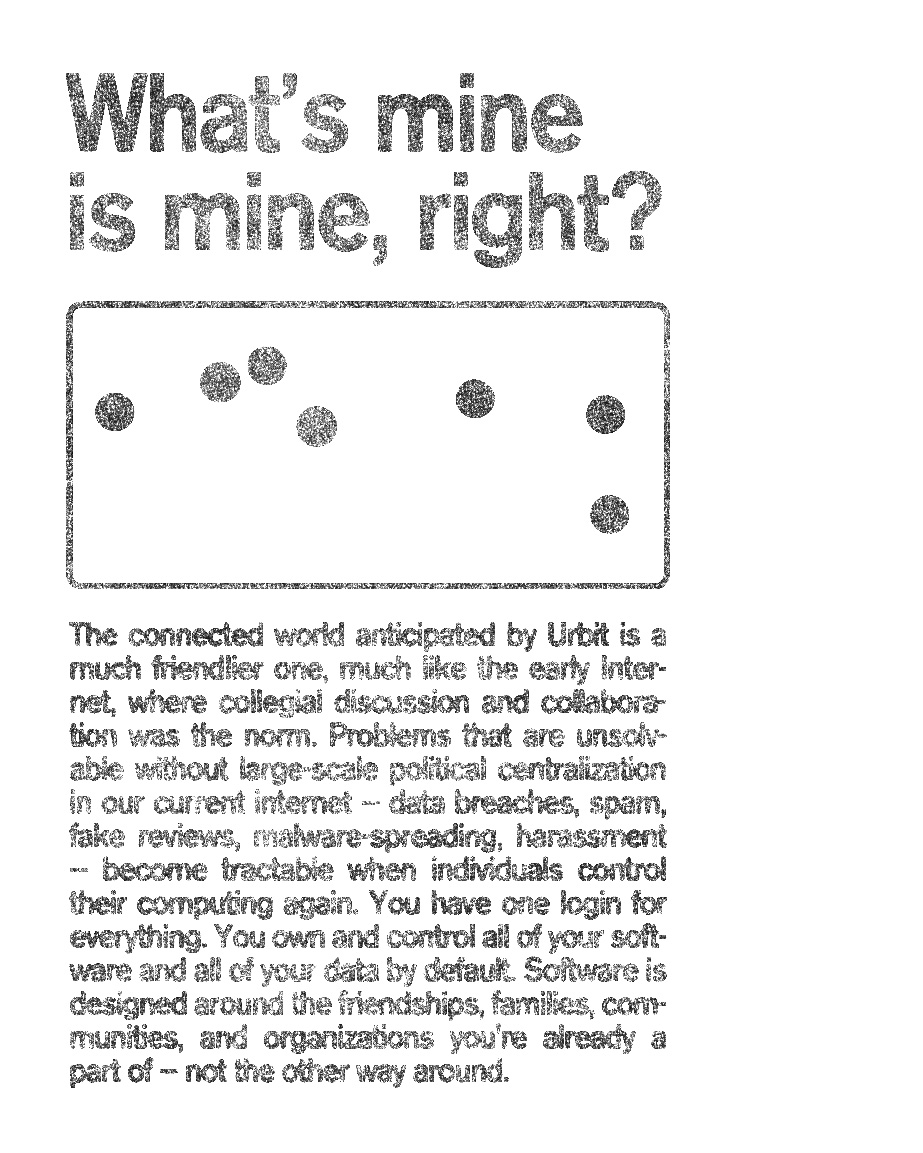 a black and white graphic featuring a black outline of a rectangle with white fill and seven black dots placed at varied intervals inside. The headline text reads ‘what’s mine is mine, right?’