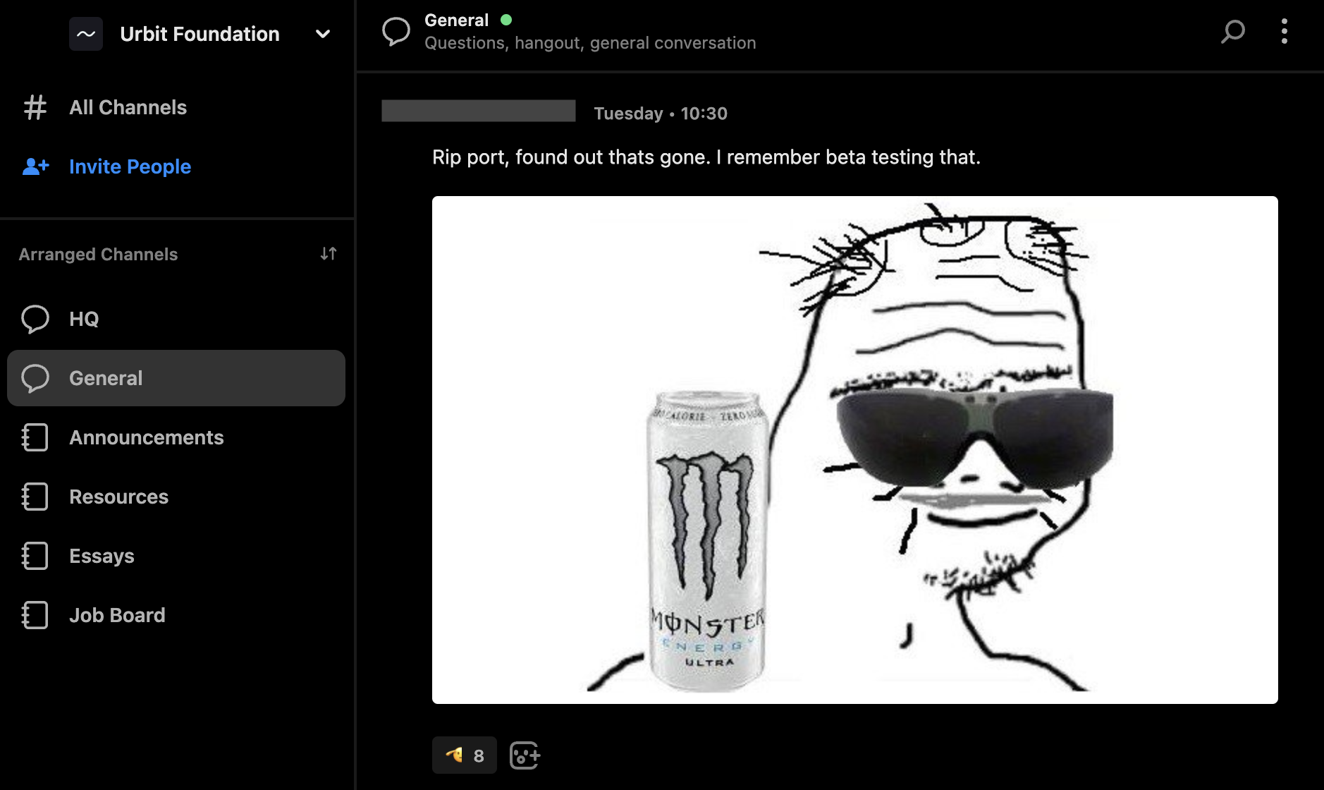 a screenshot of a dark-mode interface for a chat app. A post reads “RIP port, found out thats gone. I remember beta testing that.” above a wojack meme wearing dark sunglasses and drinking a white monster energy drink.