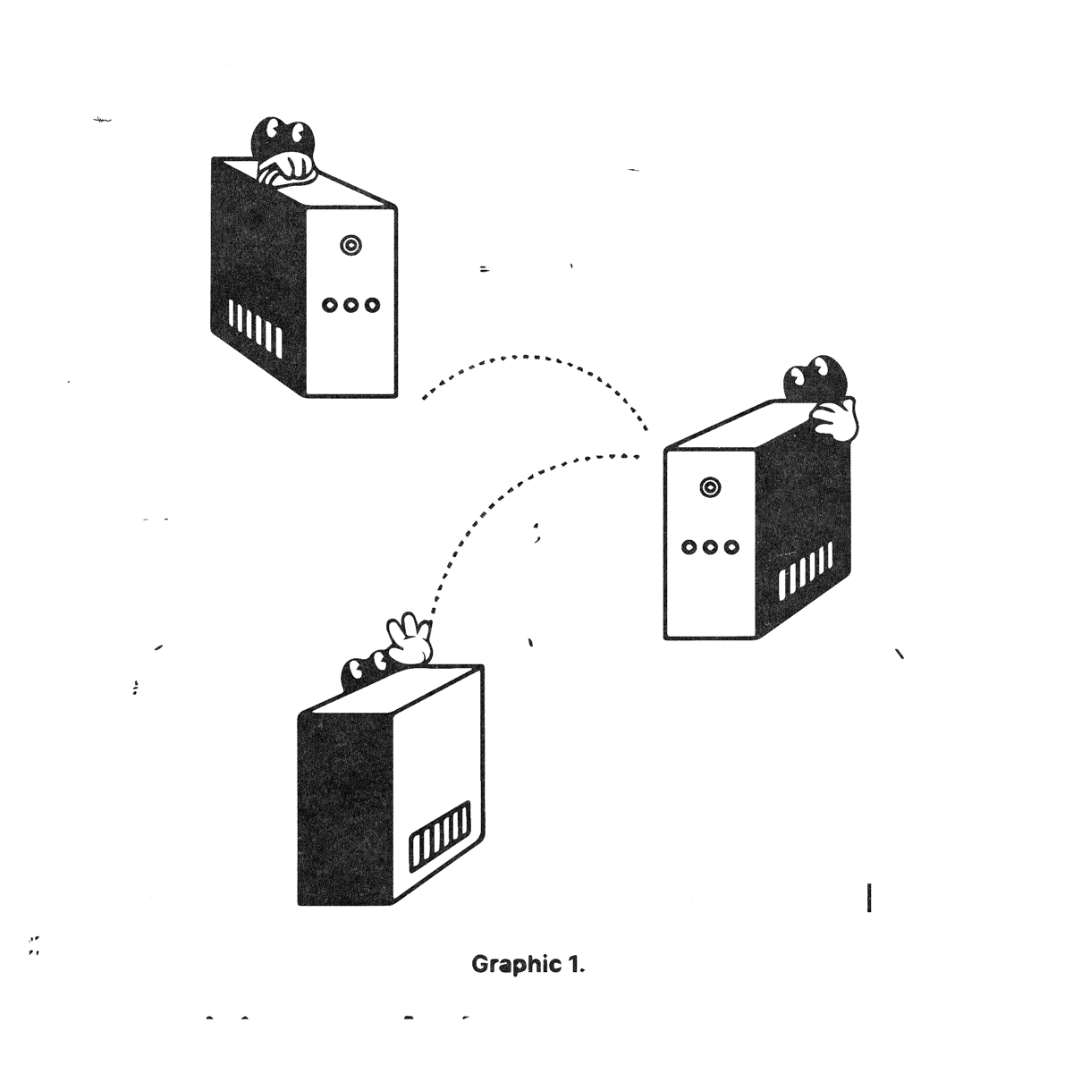 a cartoon of three servers talking to each other